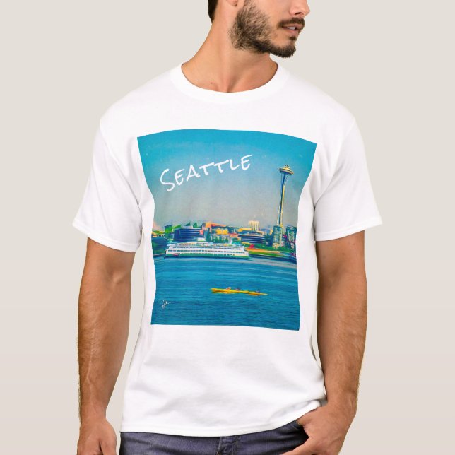 Seattle Siluett Modern Akvarell Unik T Shirt (Framsida)