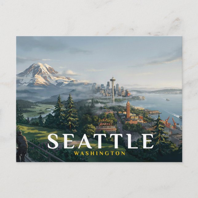 Seattle Siluett Space Needle Mount Rainier Resa Vykort (Framsida)