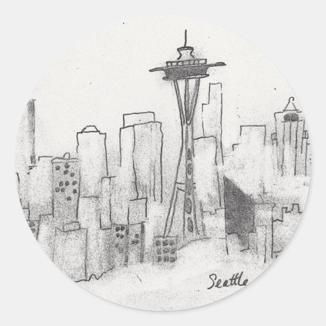 Seattle Sketch Runt Klistermärke (Framsida)