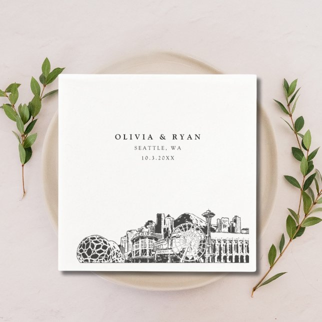 Seattle Skyline Bröllop Papper Cocktail Napkin Pappersservett (Seattle party skyline napkin Seattle Wedding )