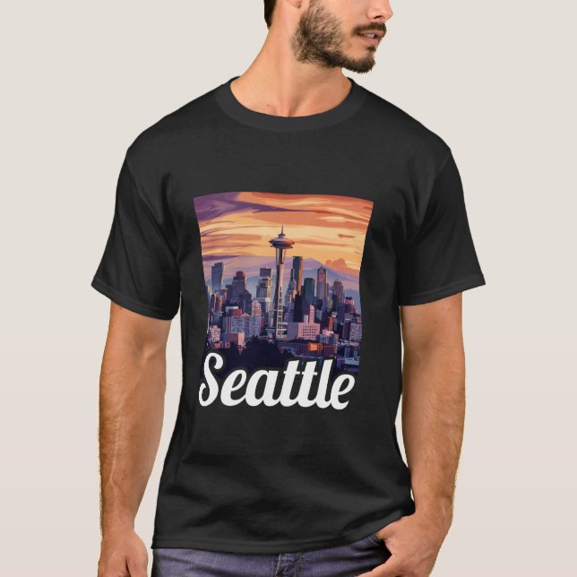Seattle Skyline Cityscape vid solnedgången Seattle T Shirt (Framsida)