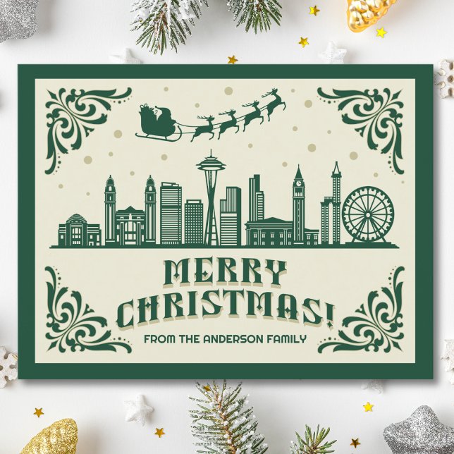 Seattle Skyline Grönt julkort Helgdag vykort (Seattle, WA skyline christmas card green modern merry christmas postcard with custom details)