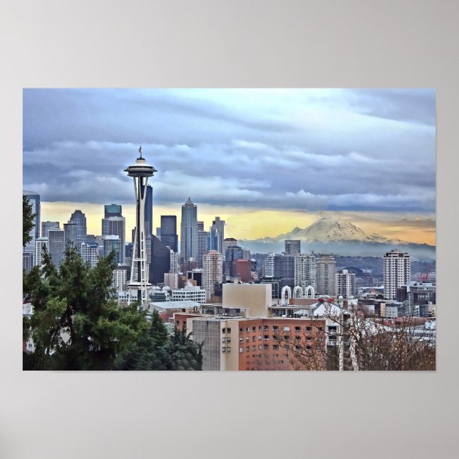 Seattle Skyline in Fog and Rain Poster (Framsidan)