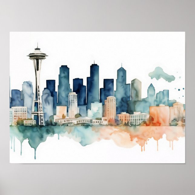 Seattle Skyline in Watercolor hues Poster (Framsidan)