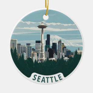 Seattle Skyline och Mount Rainier Julgransprydnad Keramik
