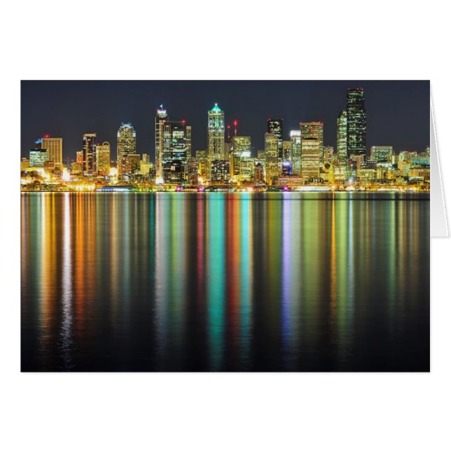 Seattle skyline på natten med reflektion hälsningskort (Framsidan Horizontal)