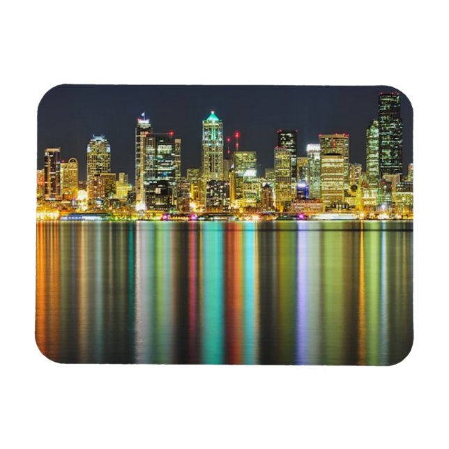 Seattle skyline på natten med reflektion magnet (Horisontell)