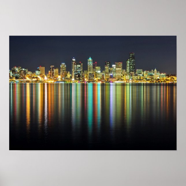 Seattle skyline på natten med reflektion poster (Framsidan)