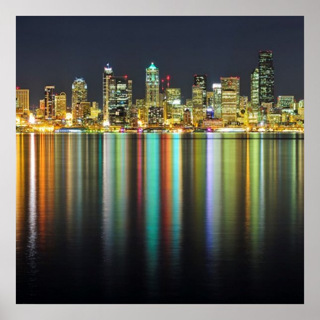 Seattle skyline på natten med reflektion poster (Framsidan)