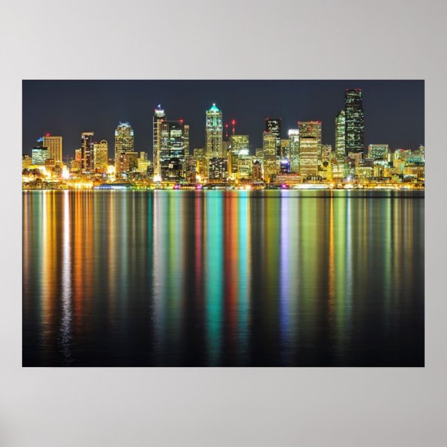 Seattle skyline på natten med reflektion poster (Framsidan)