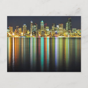 Seattle skyline på natten med reflektion vykort