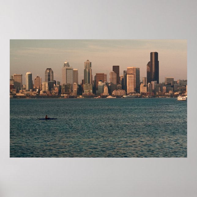 Seattle Skyline på Sunset med Kayaker Print Poster (Framsidan)
