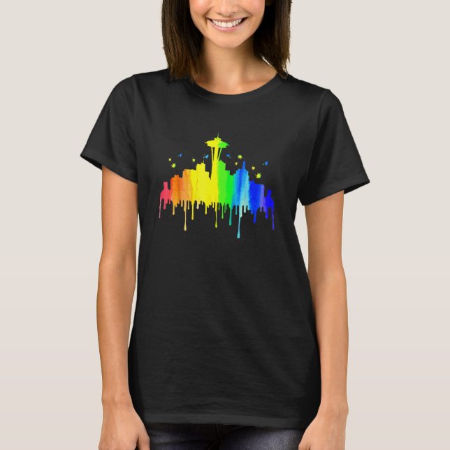 Seattle Skyline Rainbow Space Nål Gay pride Mon T Shirt (Framsida)