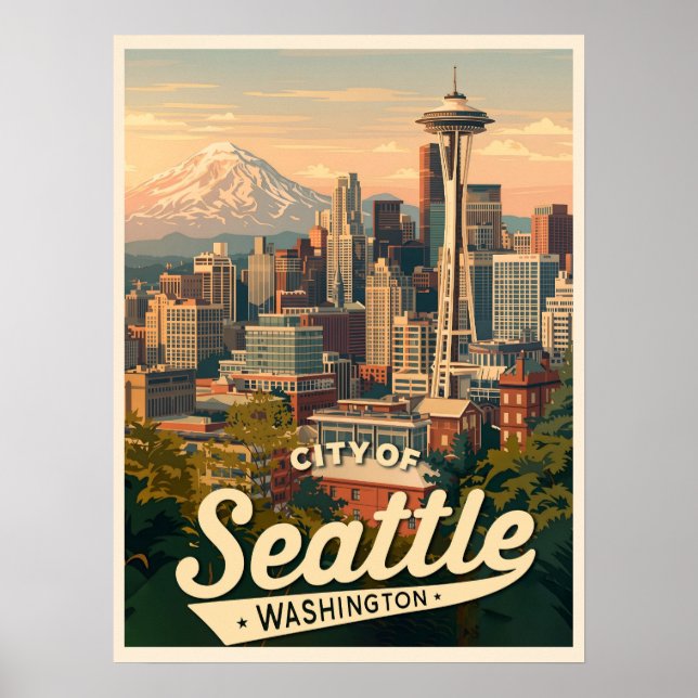 Seattle Skyline – Space Needle & Mount Rainier Poster (Framsidan)