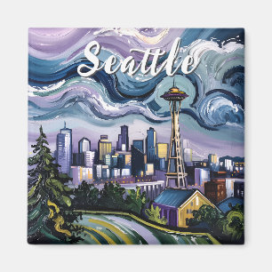 Seattle Skyline Van Gogh Stil Vintage resor Art Magnet