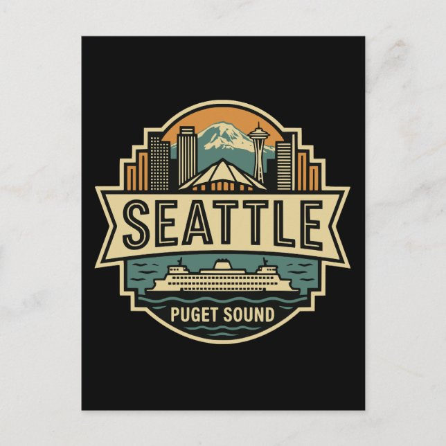 Seattle Skyline Washington USA Retro-märke Vykort (Framsida)