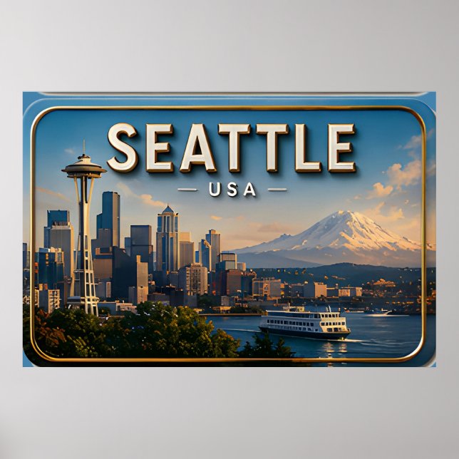 Seattle Space Needle och Mount Rainier  Poster (Framsidan)