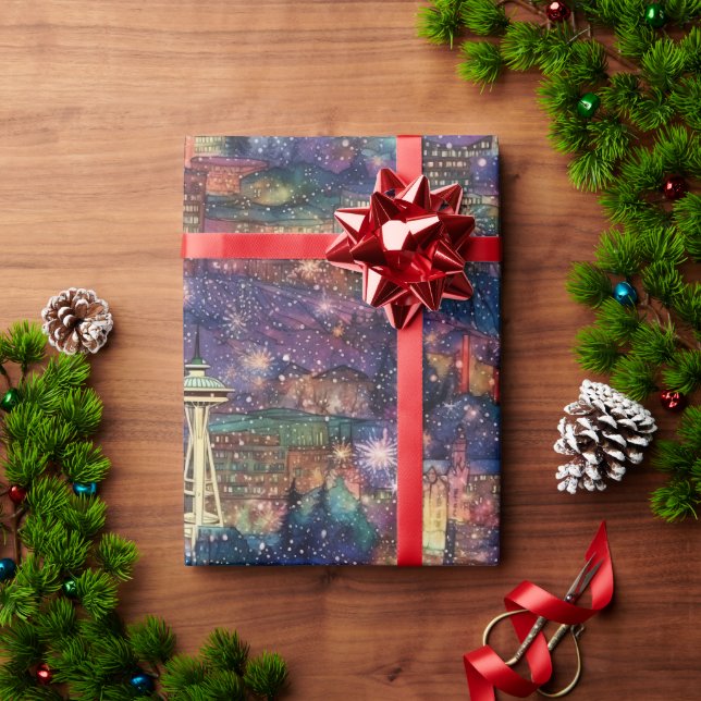 Seattle vid jul och nyår i vattenfärger presentpapper (Julgåva)