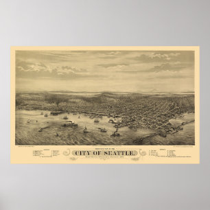 Seattle, WA Panoramic Karta - 1878 Poster