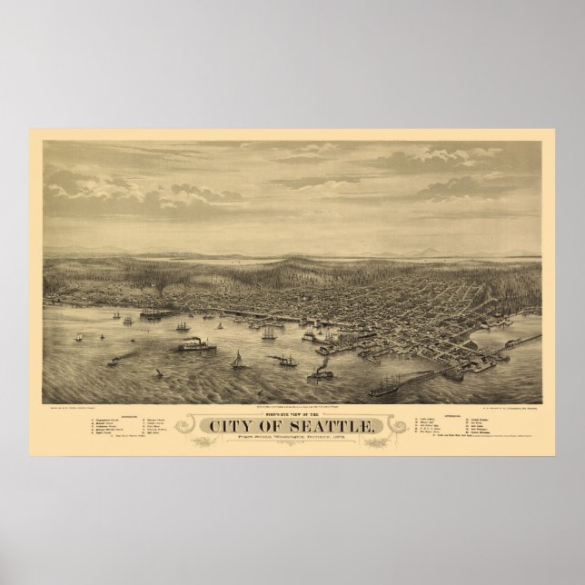 Seattle, WA Panoramic Karta - 1878 Poster (Framsidan)