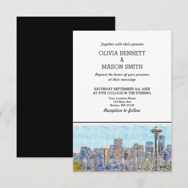 Seattle Wa Skyline Cityscape Bröllopsinbjudan Inbjudningar (Fram/baksida)