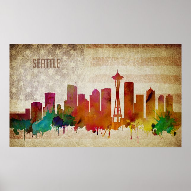Seattle, WA | Watercolor City Skyline Poster (Framsidan)