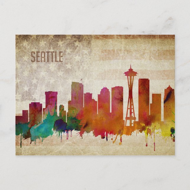 Seattle, WA | Watercolor City Skyline Vykort (Framsida)
