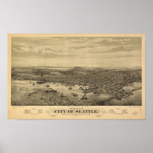 Seattle Washington 1878 Antique Panoramic Karta Poster (Framsidan)