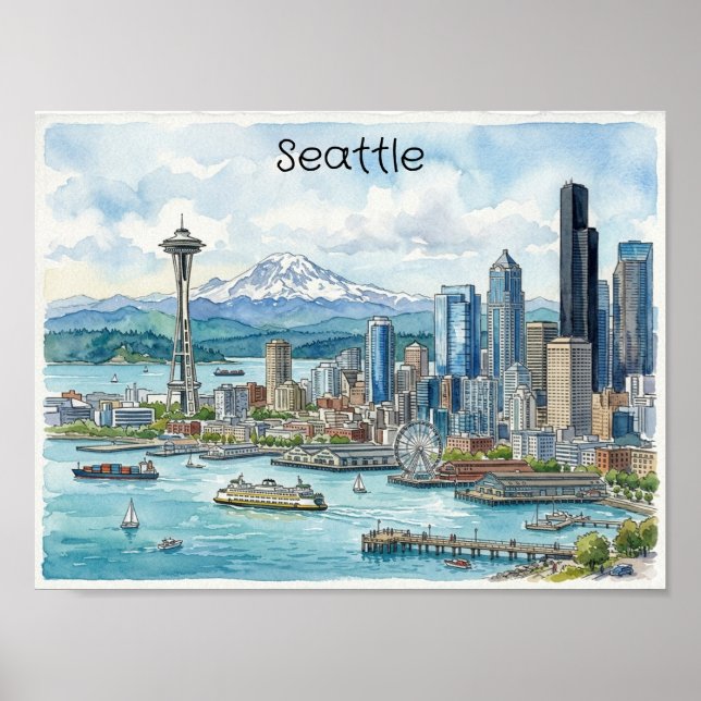 Seattle Washington Akvarell Konst Resa Skyline Poster (Framsidan)