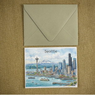 Seattle Washington Akvarell Konst Resa Skyline Vykort