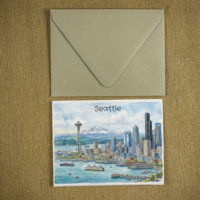 Seattle Washington Akvarell Konst Resa Skyline Vykort (Seattle Washington Watercolor Art Travel Skyline Postcard
)