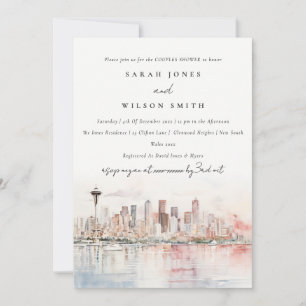 Seattle Washington Akvarell Landskap Par Bröllopsd Inbjudningar