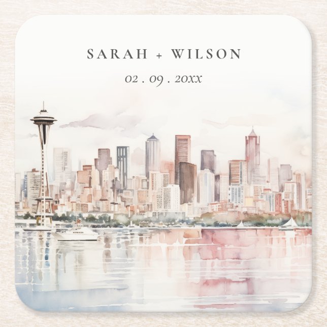 Seattle, Washington Akvarell Landskaps Bröllop Underlägg Papper Kvadrat (Framsidan)