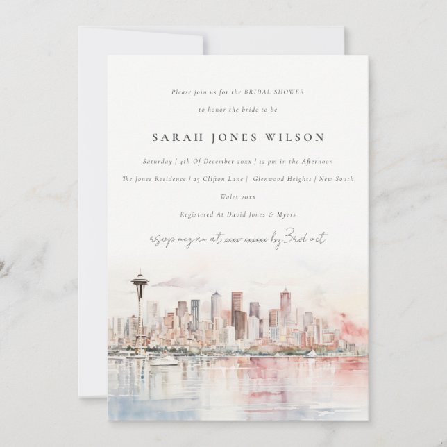 Seattle Washington Akvarell Landskaps Bröllopsdusc Inbjudningar (Framsida)