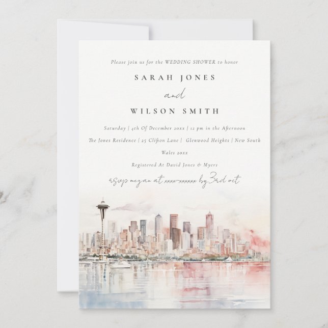 Seattle Washington Akvarell Landskaps Bröllopsdusc Inbjudningar (Framsida)