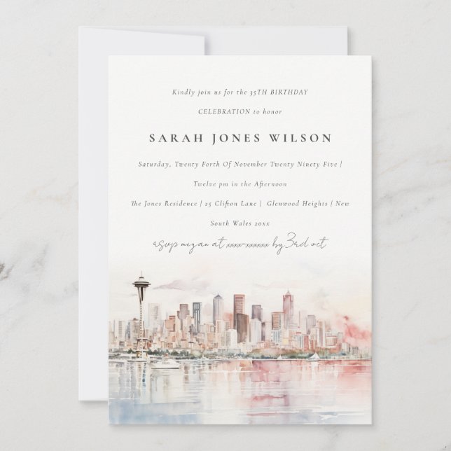 Seattle Washington Akvarell Landskaps Födelsedag Inbjudningar (Framsida)