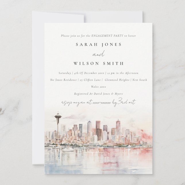 Seattle Washington Akvarell Landskaps Förlovning Inbjudningar (Framsida)