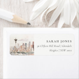Seattle, Washington Akvarell Landskapsadress Returadress Etikett