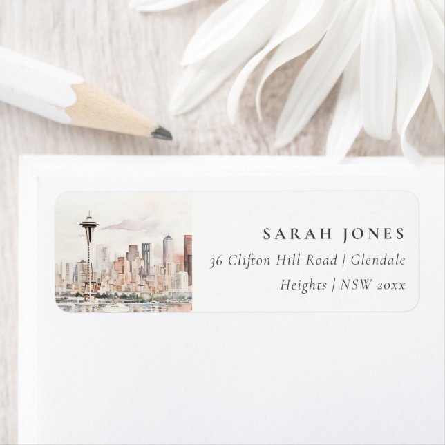 Seattle, Washington Akvarell Landskapsadress Returadress Etikett (Insitu)