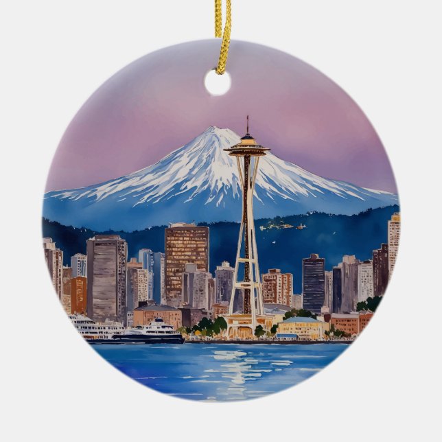 Seattle Washington Akvarell Souvenir Julgransprydnad Keramik (Framsidan)