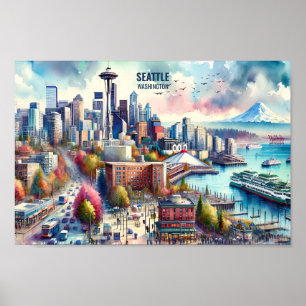 Seattle Washington Berömd Travel Ställe, vattenfär Poster