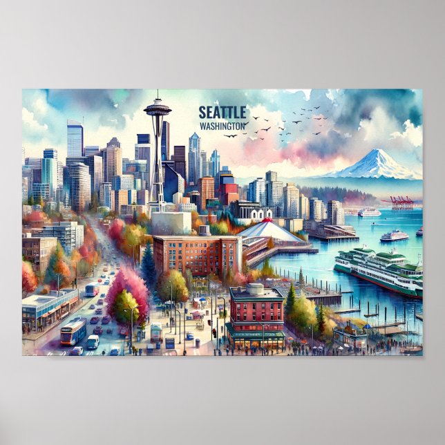 Seattle Washington Berömd Travel Ställe, vattenfär Poster (Framsidan)