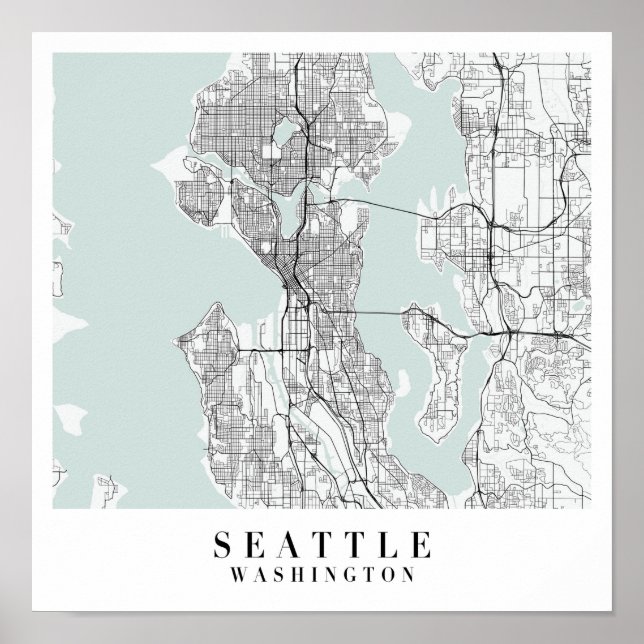 Seattle Washington Blue Vatten Street Karta Poster (Framsidan)
