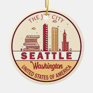 Seattle Washington City Skyline Emblem Julgransprydnad Keramik