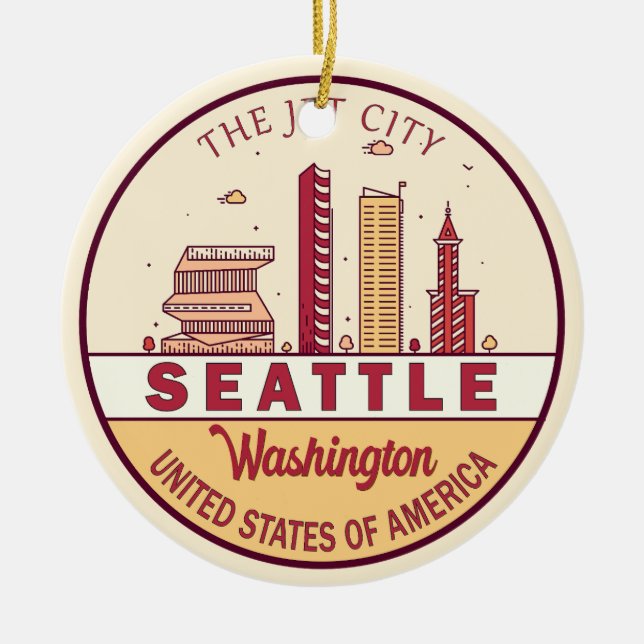 Seattle Washington City Skyline Emblem Julgransprydnad Keramik (Framsidan)