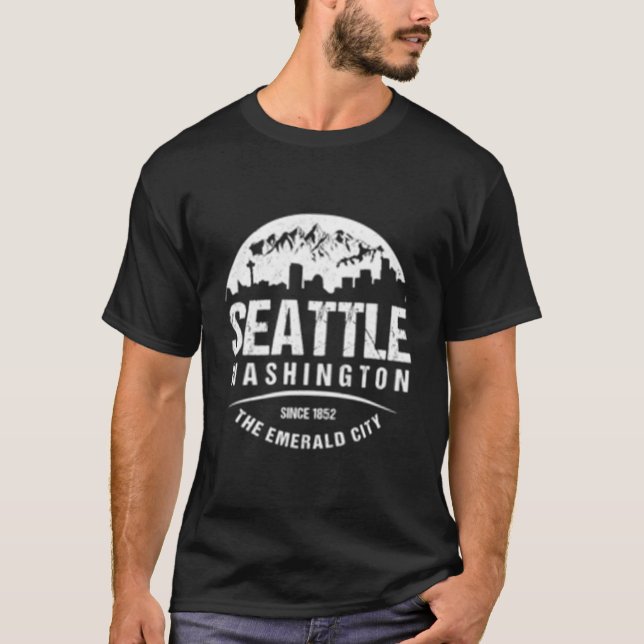 Seattle Washington City Skyline Grunge T Shirt (Framsida)