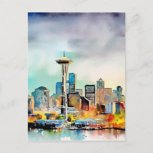 Seattle Washington City Skyline vattenfärg Vykort