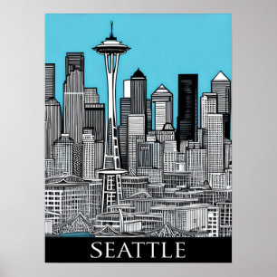 Seattle Washington Cityscape i Black and White Poster