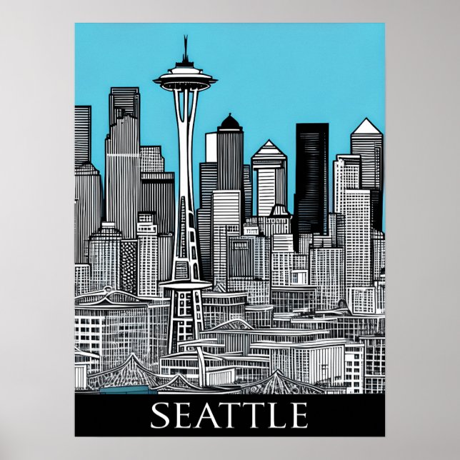 Seattle Washington Cityscape i Black and White Poster (Framsidan)