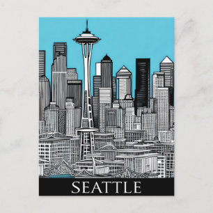 Seattle Washington Cityscape i Black and White Vykort